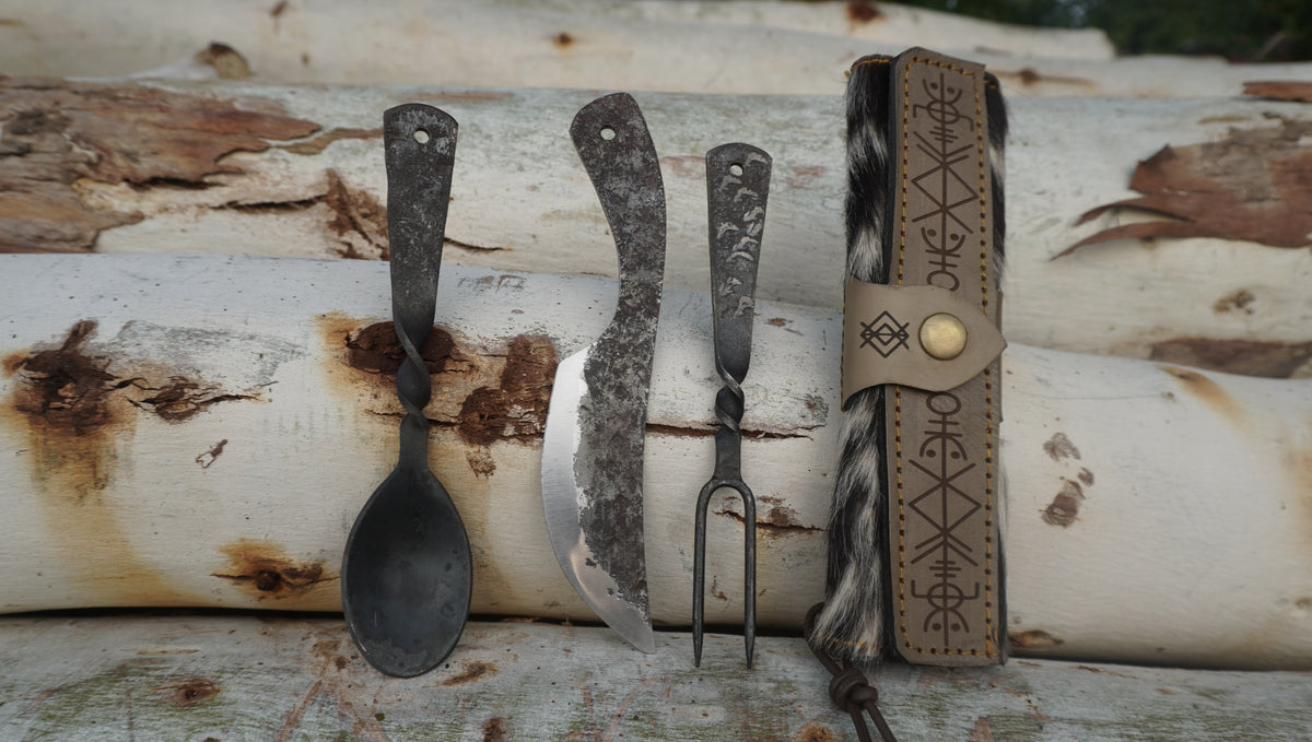 Edge Master Viking Fork Knife and Spoon Medieval Feasting Utensil Set,3Pcs Carbon Steel, Hand Forged cutlery set, Best gift, Camping Set