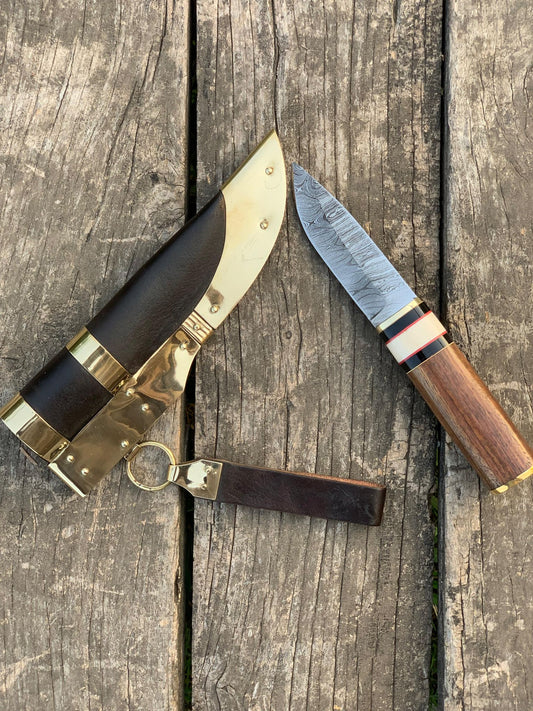 Handmade Damascus Steel Hunting Knife – 10" Full Tang Fixed Blade with Wood Handle & Leather Sheath | Medieval Viking Survival Knife