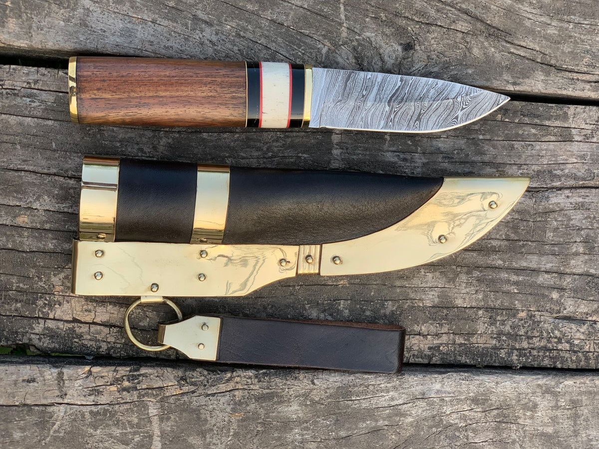 Handmade Damascus Steel Hunting Knife – 10" Full Tang Fixed Blade with Wood Handle & Leather Sheath | Medieval Viking Survival Knife