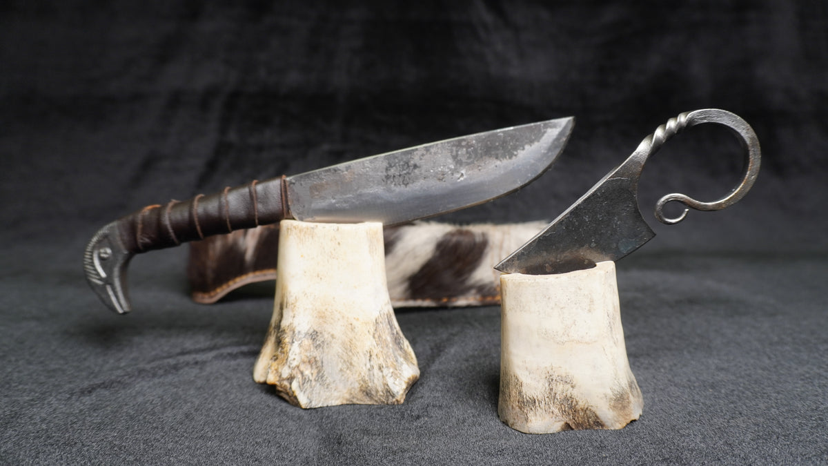 Generic Viking-styled Hand Forged Fixed Blade full Tang Knife set 10.3"" Carbon Steel Knife and 3"" Pocket knife twin pack