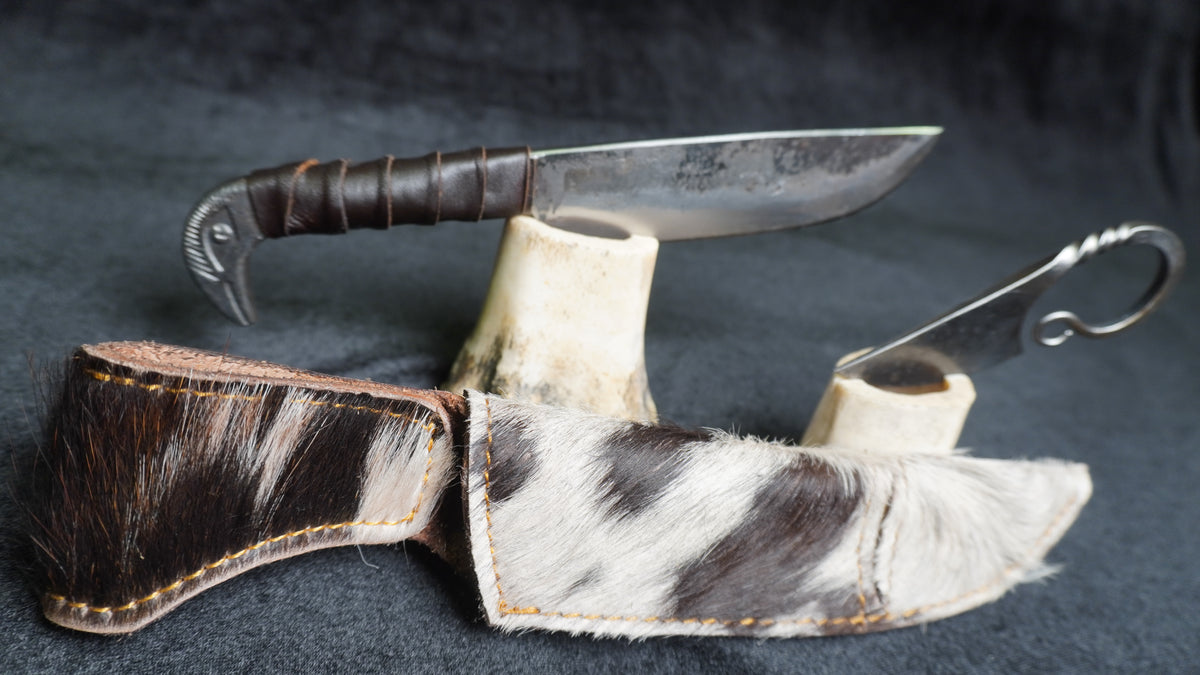 Generic Viking-styled Hand Forged Fixed Blade full Tang Knife set 10.3"" Carbon Steel Knife and 3"" Pocket knife twin pack