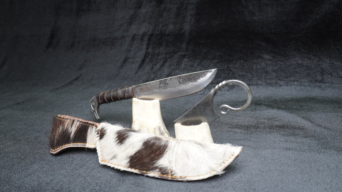 Generic Viking-styled Hand Forged Fixed Blade full Tang Knife set 10.3"" Carbon Steel Knife and 3"" Pocket knife twin pack