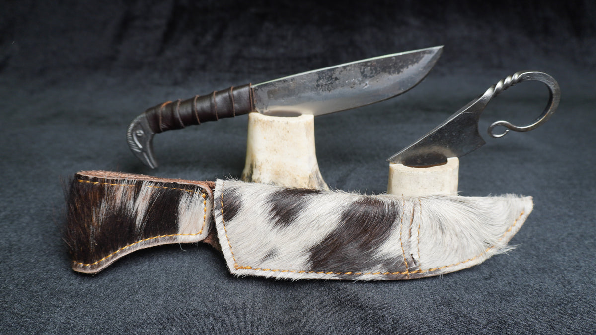 Generic Viking-styled Hand Forged Fixed Blade full Tang Knife set 10.3"" Carbon Steel Knife and 3"" Pocket knife twin pack