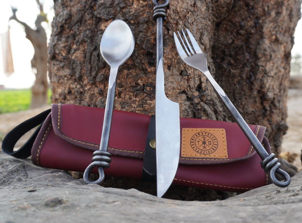 Edge Master Hand Forged Viking cutlery set Fork Knife and Spoon Medieval Feastware,3Pcs Carbon Steel