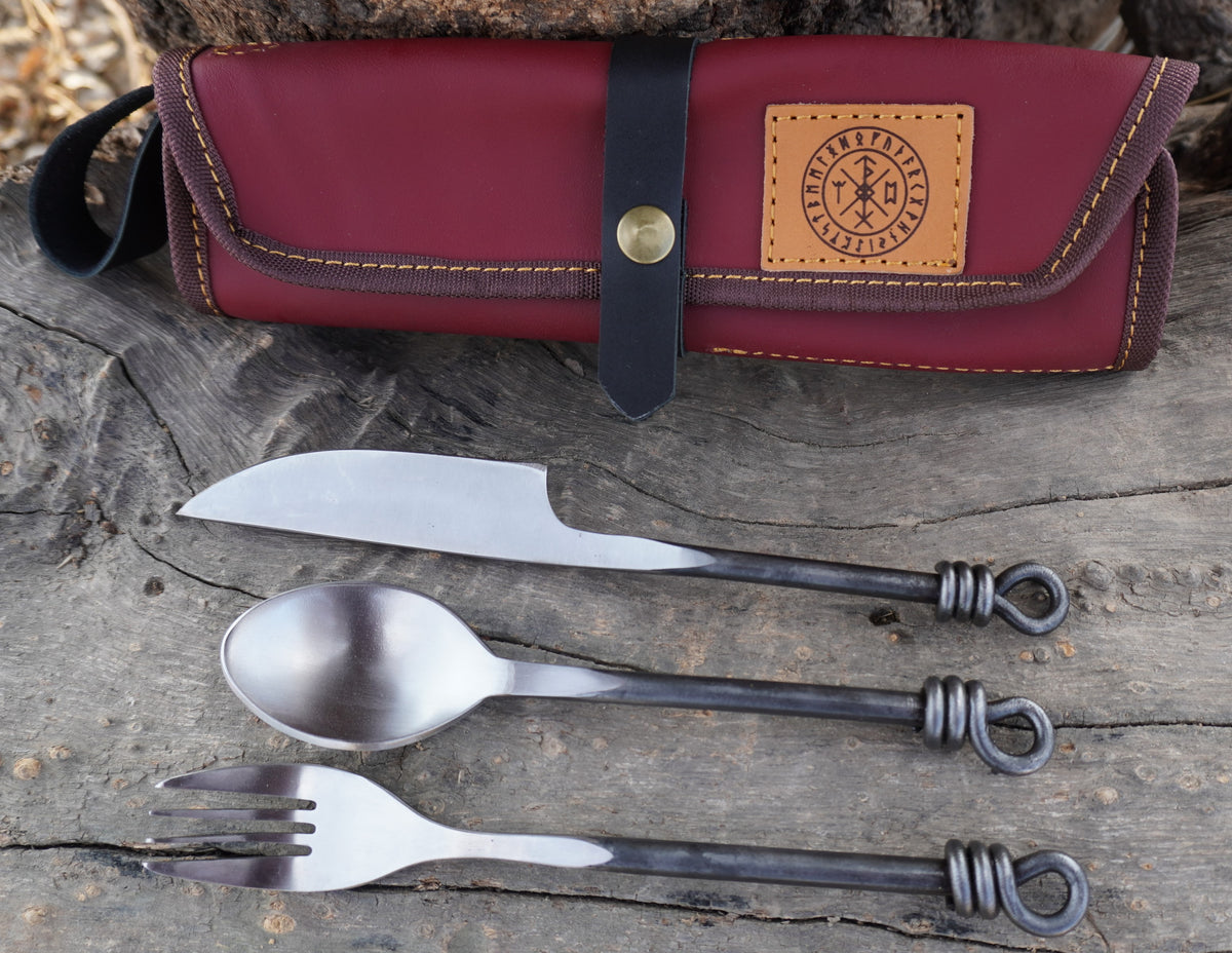 Edge Master Hand Forged Viking cutlery set Fork Knife and Spoon Medieval Feastware,3Pcs Carbon Steel