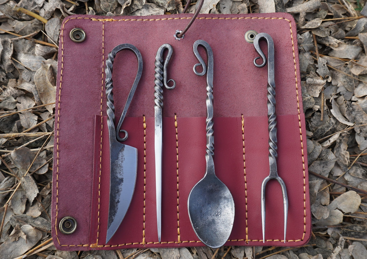 Hand-Forged Viking Cutlery Set with Leather Pouch – Spoon, Fork & Knife