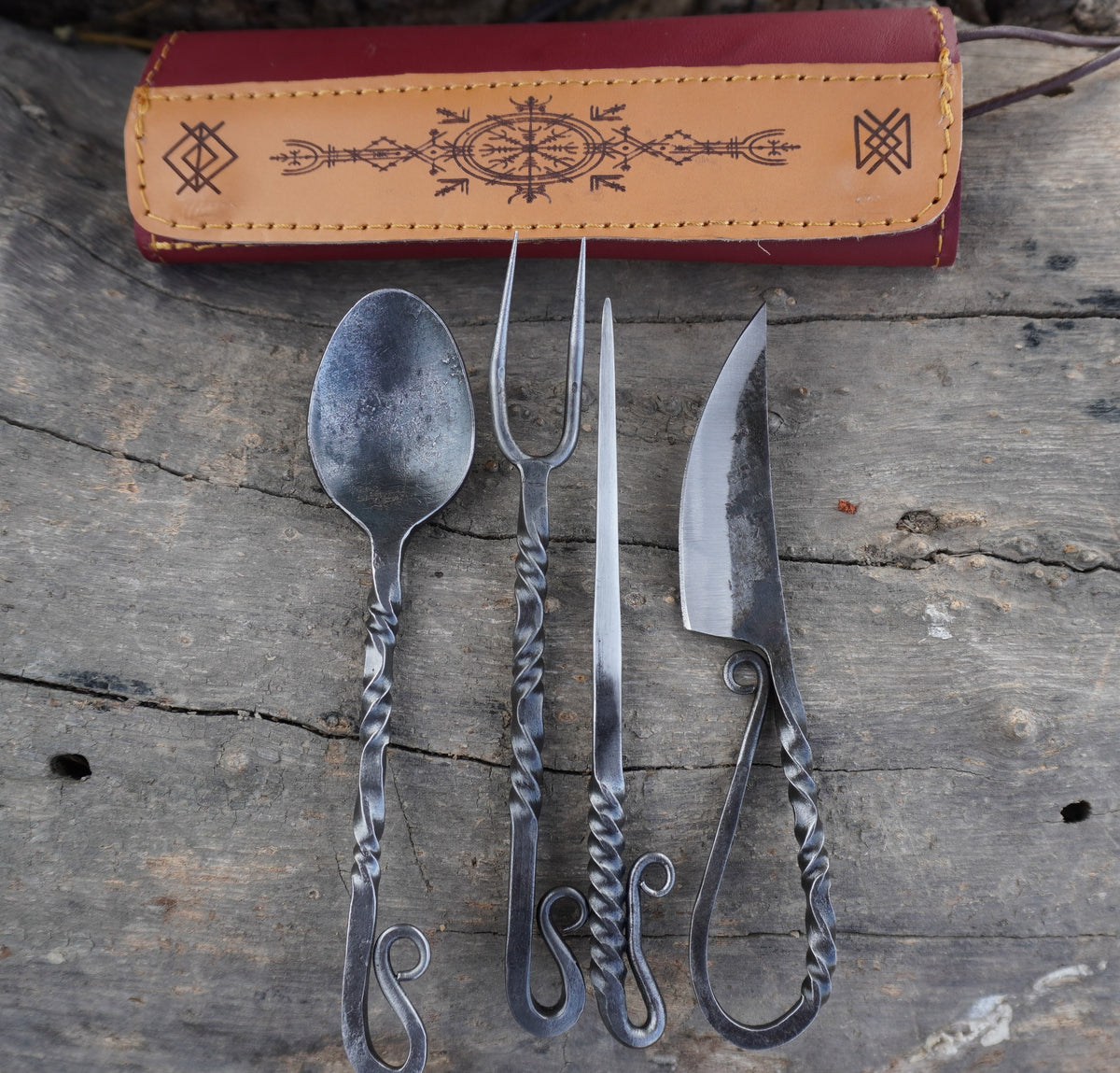 Hand-Forged Viking Cutlery Set with Leather Pouch – Spoon, Fork & Knife