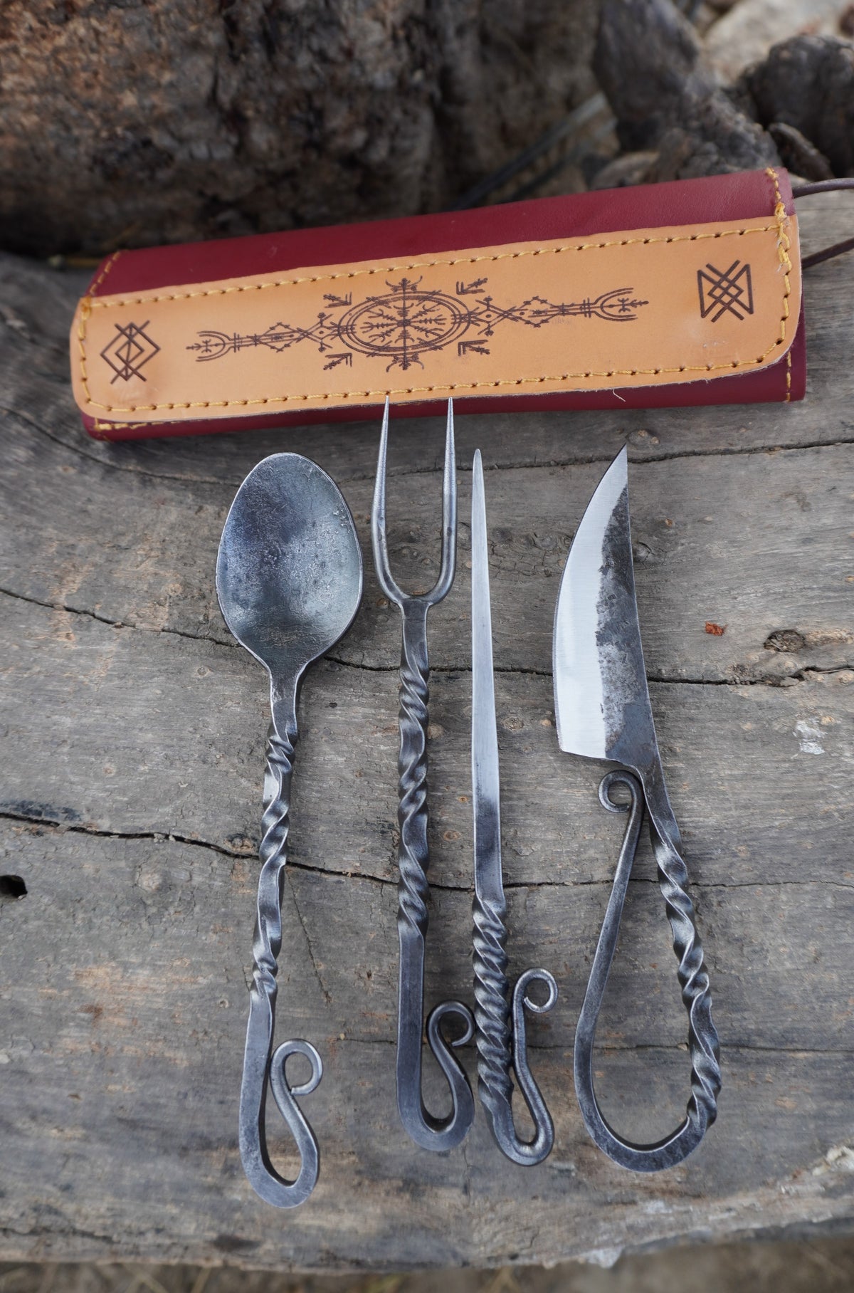 Hand-Forged Viking Cutlery Set with Leather Pouch – Spoon, Fork & Knife