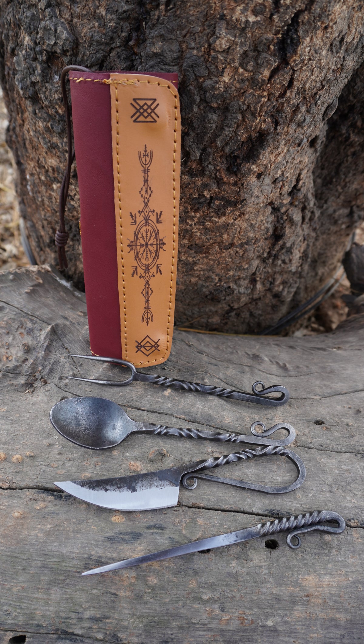 Hand-Forged Viking Cutlery Set with Leather Pouch – Spoon, Fork & Knife