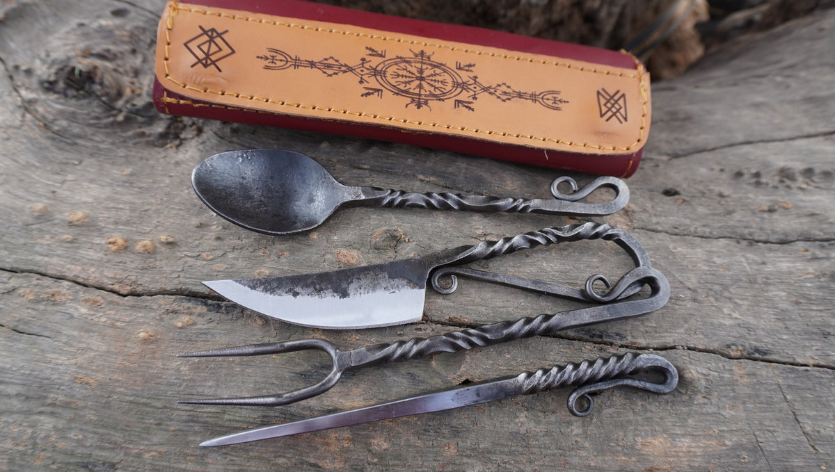 Hand-Forged Viking Cutlery Set with Leather Pouch – Spoon, Fork & Knife