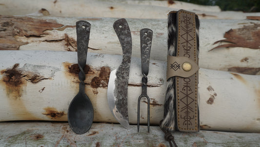 Edge Master Viking Fork Knife and Spoon Medieval Feasting Utensil Set,3Pcs Carbon Steel, Hand Forged cutlery set, Best gift,Camping Set