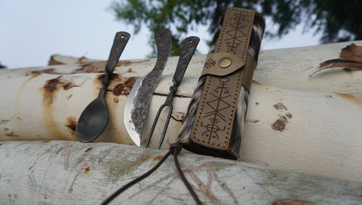 Edge Master Viking Fork Knife and Spoon Medieval Feasting Utensil Set,3Pcs Carbon Steel, Hand Forged cutlery set, Best gift,Camping Set