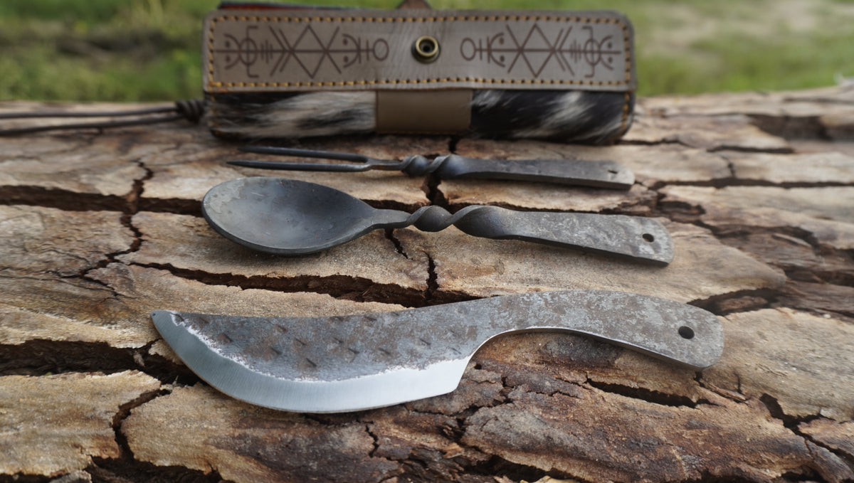 Edge Master Viking Fork Knife and Spoon Medieval Feasting Utensil Set,3Pcs Carbon Steel, Hand Forged cutlery set, Best gift, Camping Set