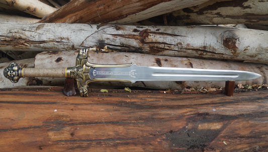 Authentic Handmade Hand Forged Conan Atlantean Replica Sword 1095 Steel Folded Strong Blade Sword with Leather Sheath and Pair of Conan Atlantean Wrist Bands, Conan Sword Real, Movie Cosplay