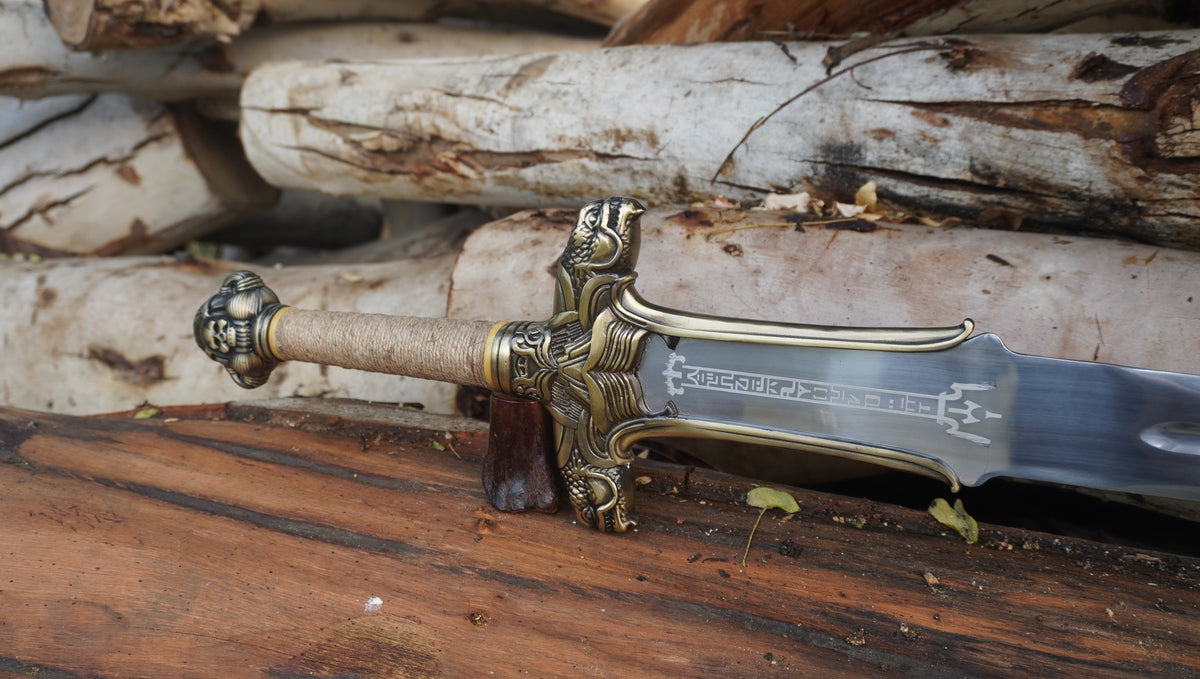 Authentic Handmade Hand Forged Conan Atlantean Replica Sword 1095 Steel Folded Strong Blade Sword with Leather Sheath and Pair of Conan Atlantean Wrist Bands, Conan Sword Real, Movie Cosplay