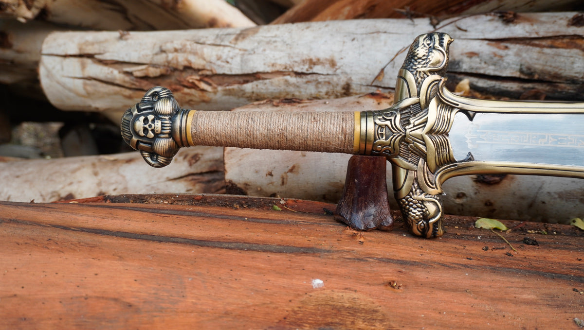 Authentic Handmade Hand Forged Conan Atlantean Replica Sword 1095 Steel Folded Strong Blade Sword with Leather Sheath and Pair of Conan Atlantean Wrist Bands, Conan Sword Real, Movie Cosplay