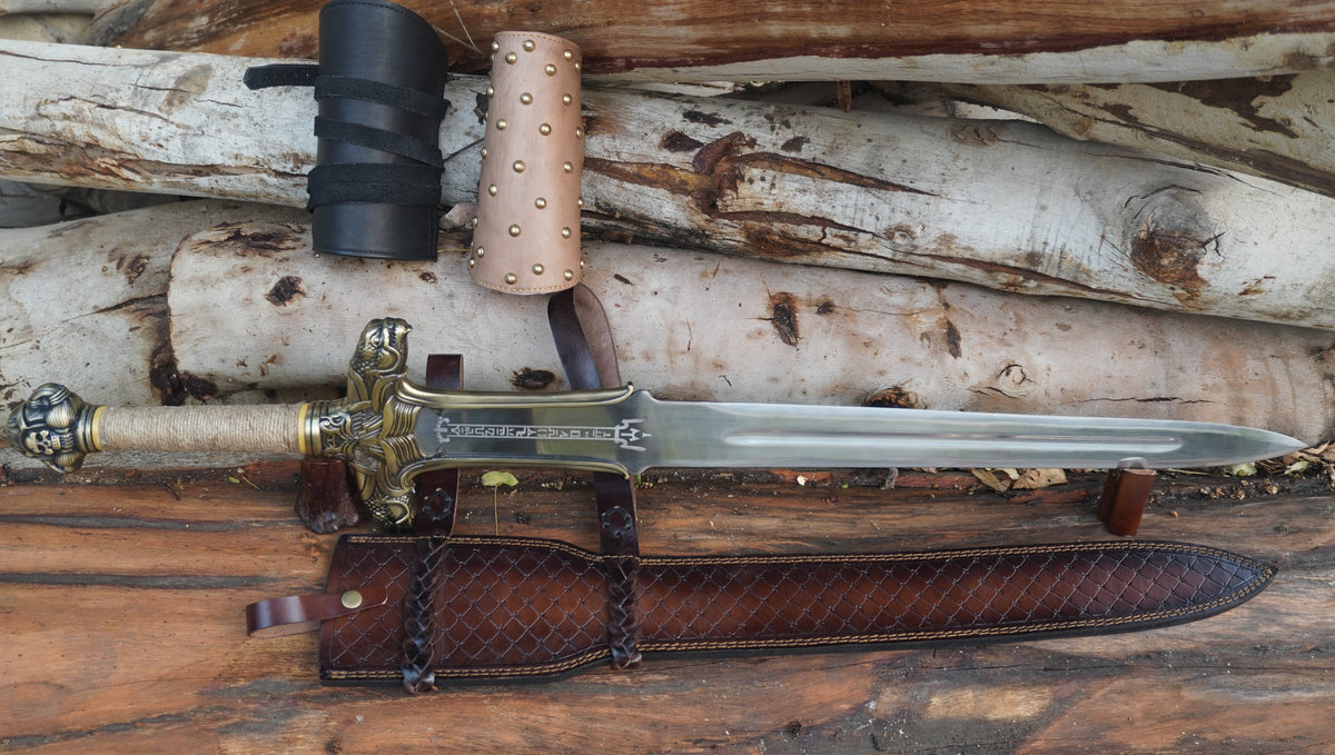 Authentic Handmade Hand Forged Conan Atlantean Replica Sword 1095 Steel Folded Strong Blade Sword with Leather Sheath and Pair of Conan Atlantean Wrist Bands, Conan Sword Real, Movie Cosplay