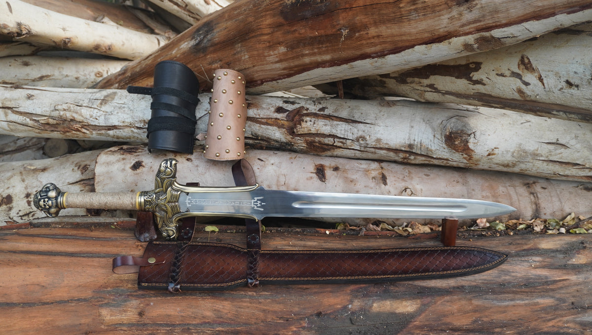 Authentic Handmade Hand Forged Conan Atlantean Replica Sword 1095 Steel Folded Strong Blade Sword with Leather Sheath and Pair of Conan Atlantean Wrist Bands, Conan Sword Real, Movie Cosplay