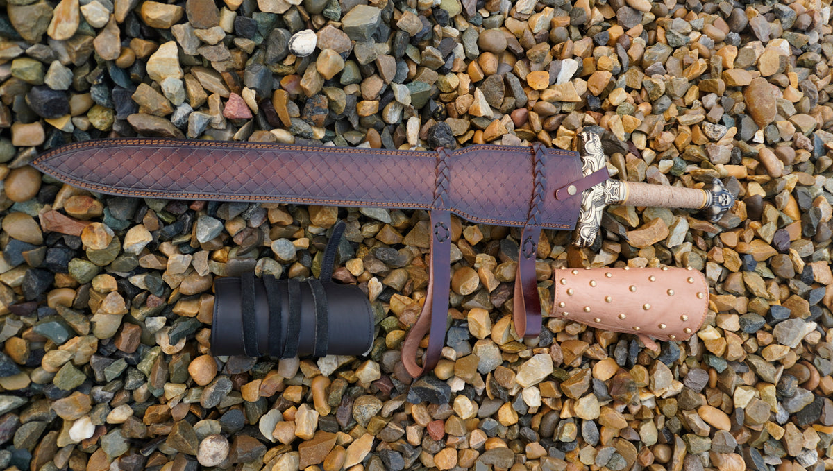 Medieval Knight Sword with Leather Scabbard & Armor Accessories