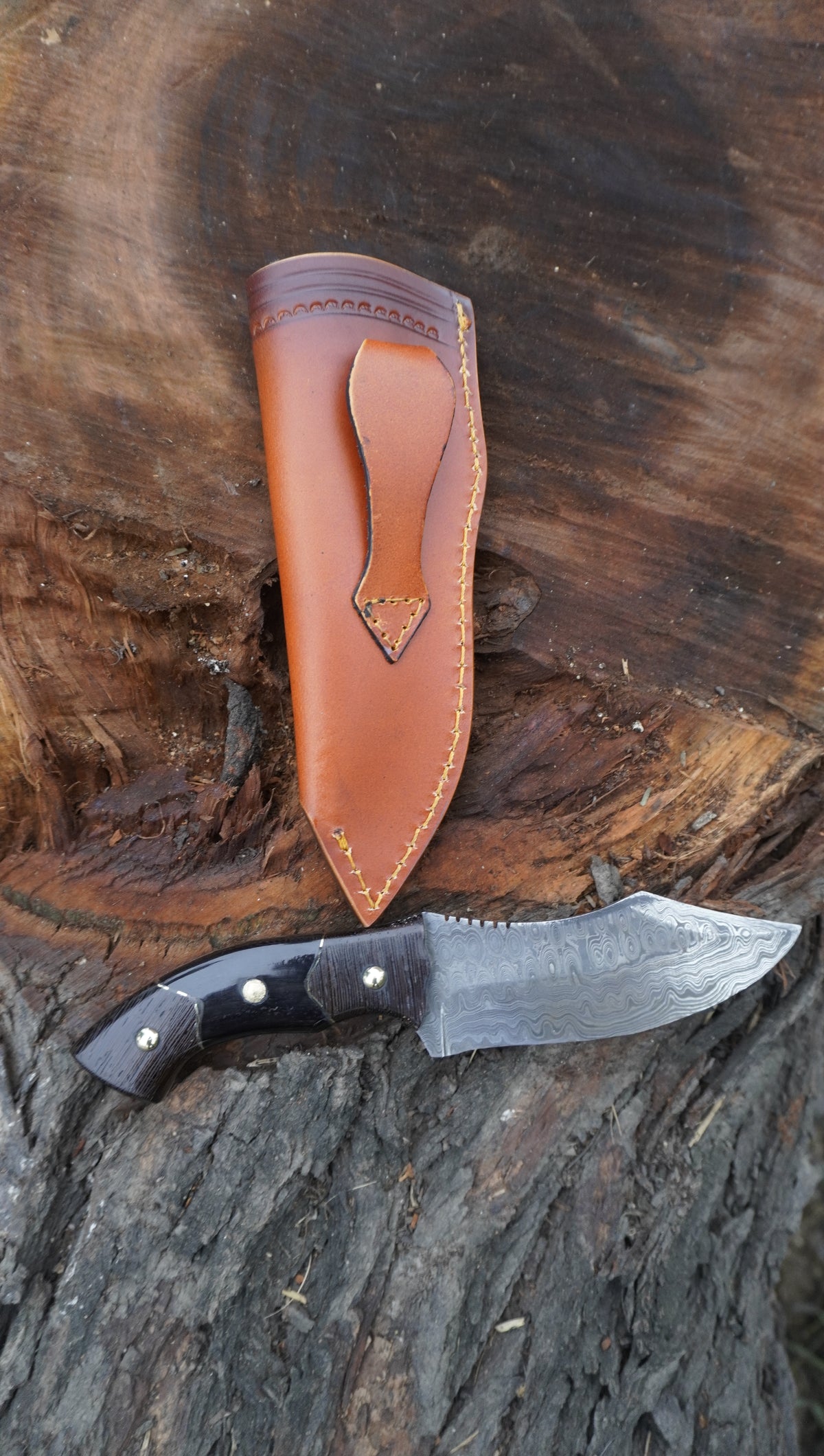 Damascus Steel Fixed Blade Hunting Knife with Beautiful Leather Sheath